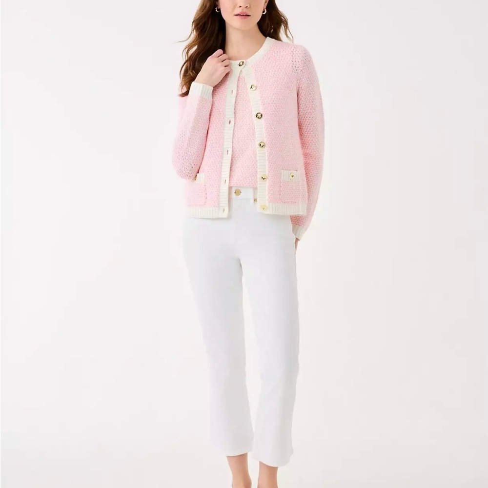 Lilly Pulitzer Cavan Cardigan Woven Knit Red Pink Gold Buttons Pockets Size M - Picture 3 of 11